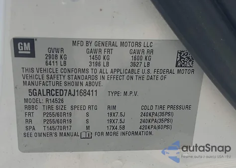 2010 Buick Enclave 2Xl z USA, uszkodzony, nr VIN 5GALRCED7AJ168411